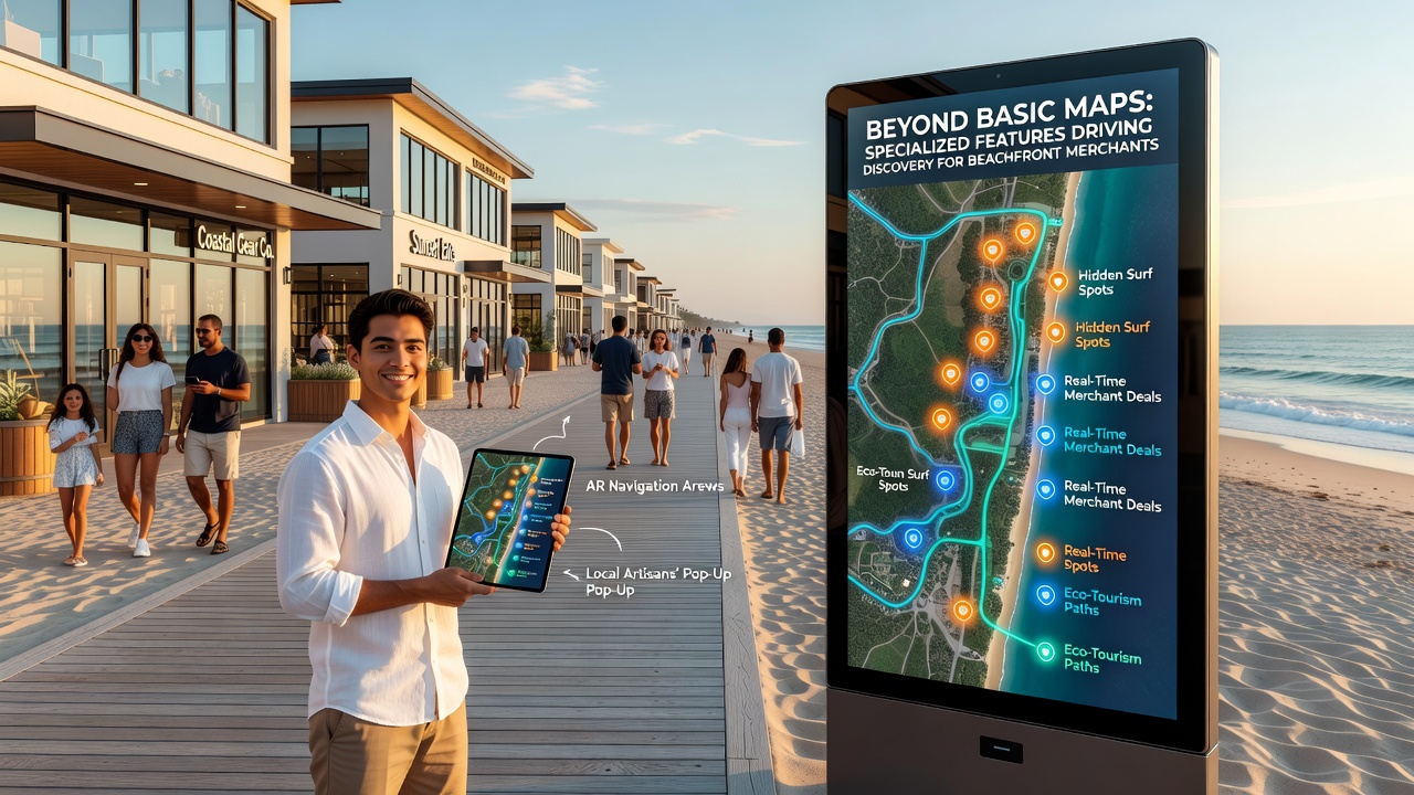 Close-up of a digital map interface showing specialized layers for tidal data and merchant locations along a shoreline